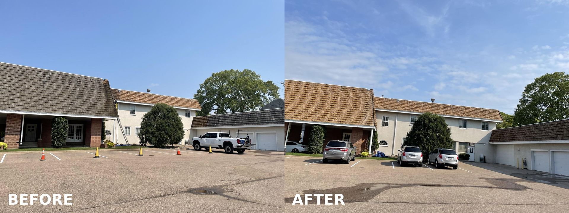 A before-and-after comparison of a residential exterior, showing a roof replacement on a large building with gravel lot.