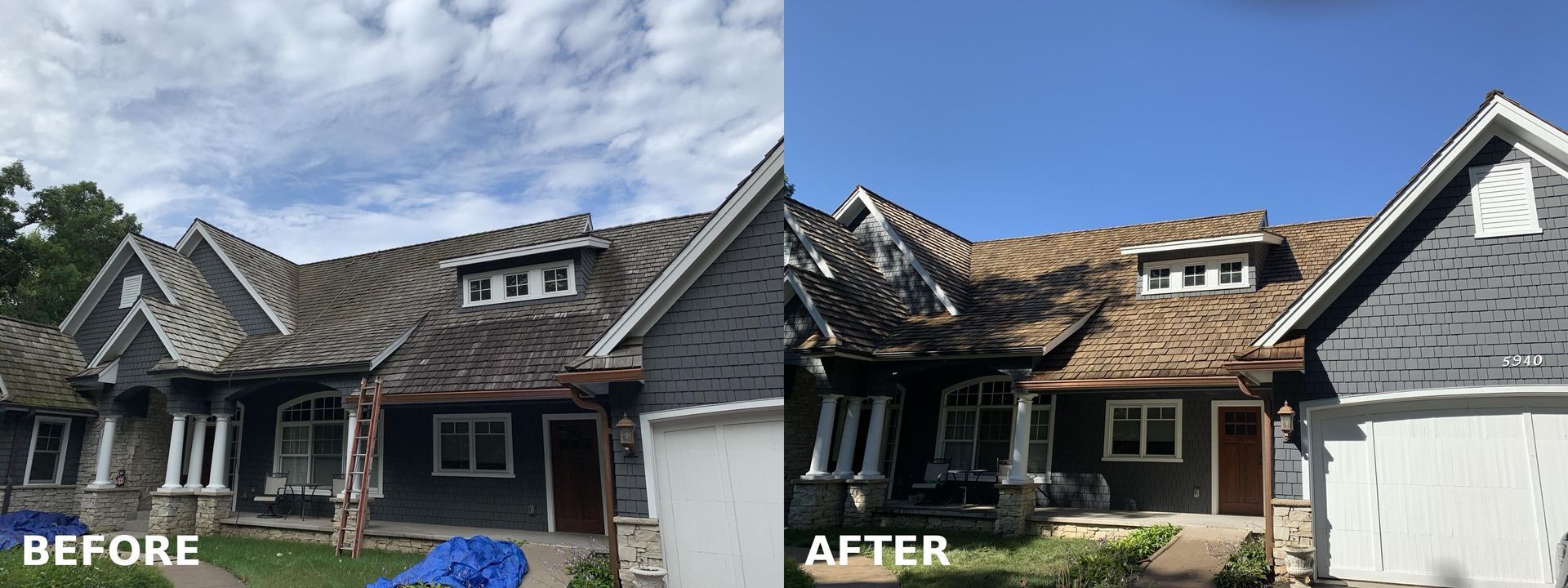 Side-by-side comparison of a house roof before and after professional cleaning to remove dark stains and organic growth.