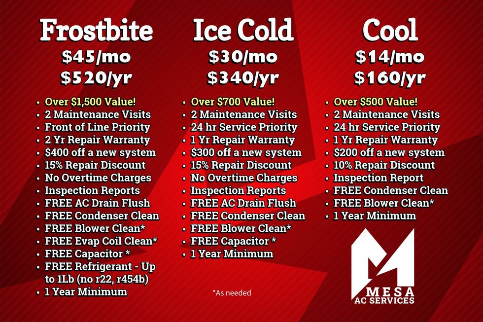 An advertisement for frostlite ice cold and mesa ac services