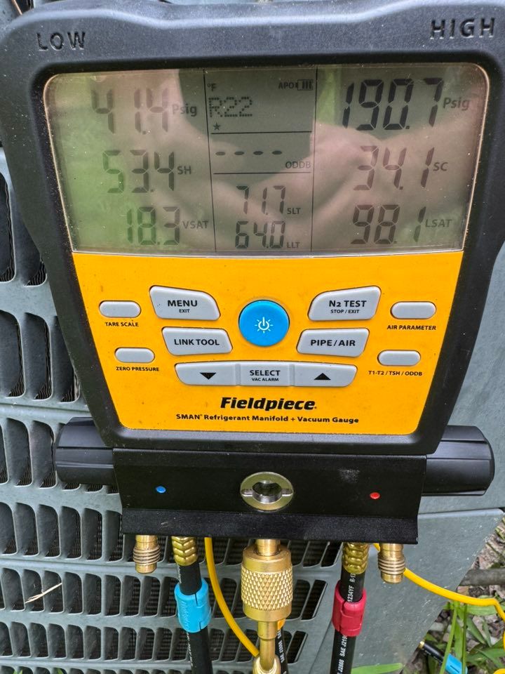 Yellow HVAC gauge displaying refrigerant pressures and temperatures; outdoor setting.