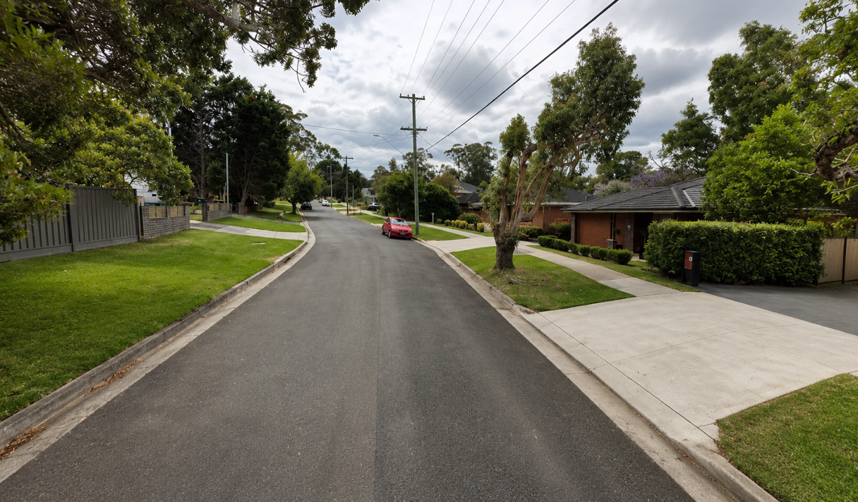 An Empty Suburban Street With Green Lawns — Brightside Buyers Agency in Dundas, NSW