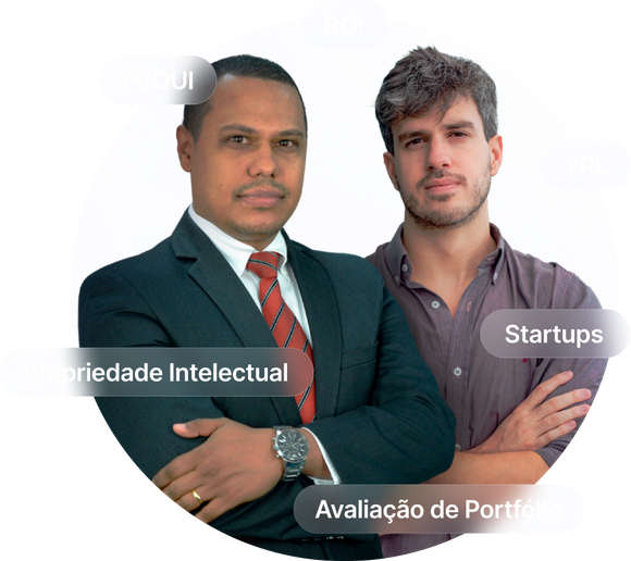 Dois homens próximos um do outro com as palavras startups na parte inferior