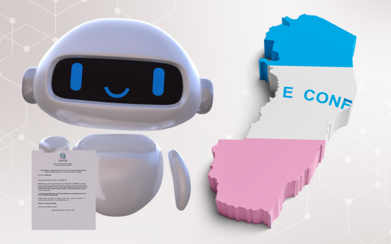 Robot holding a document next to a map divided into blue and pink sections.