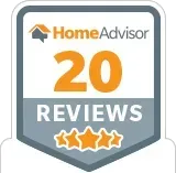 A home advisor badge with 20 reviews and three stars.