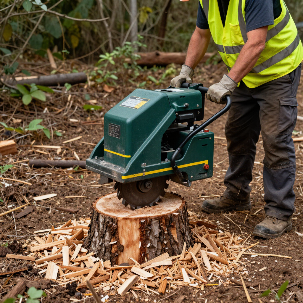 Worker using a green stump grinder to remove a tree stump in a wooded area