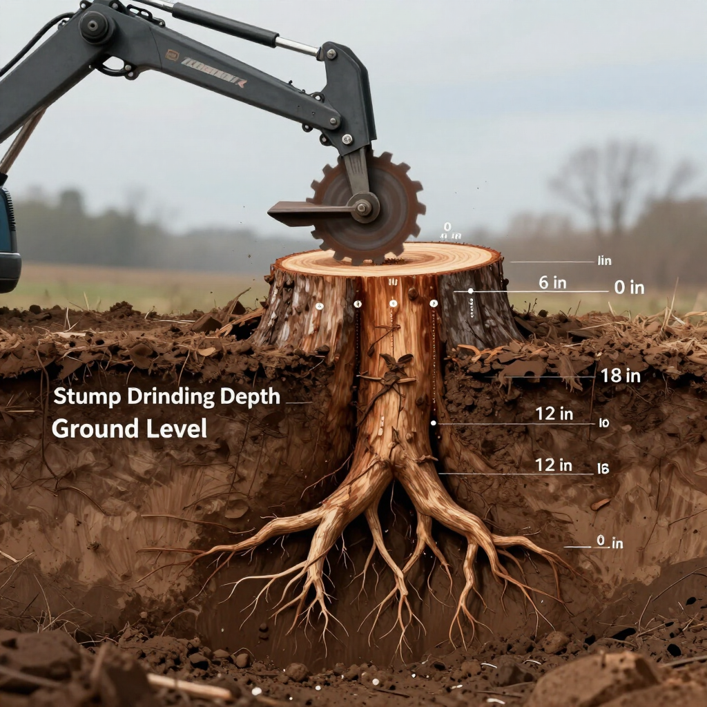 Excavator stump grinder cutting a tree stump underground with depth measurements labeled.