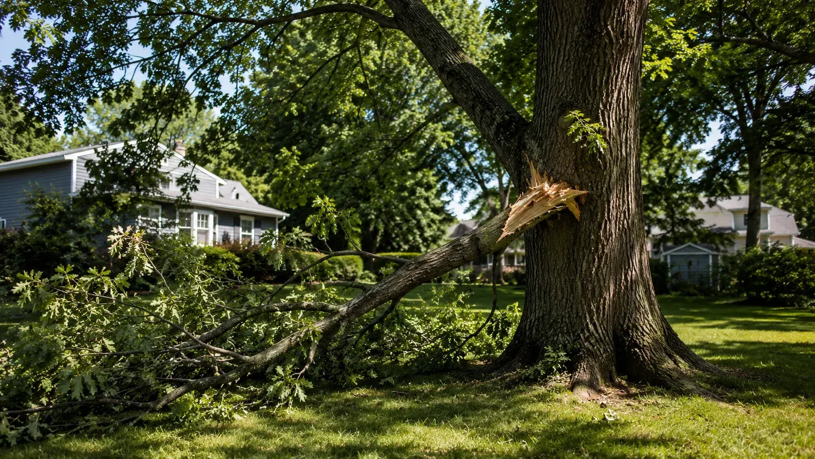 Split branch on a tree, showing how healthy trees sometimes drop branches without warning.