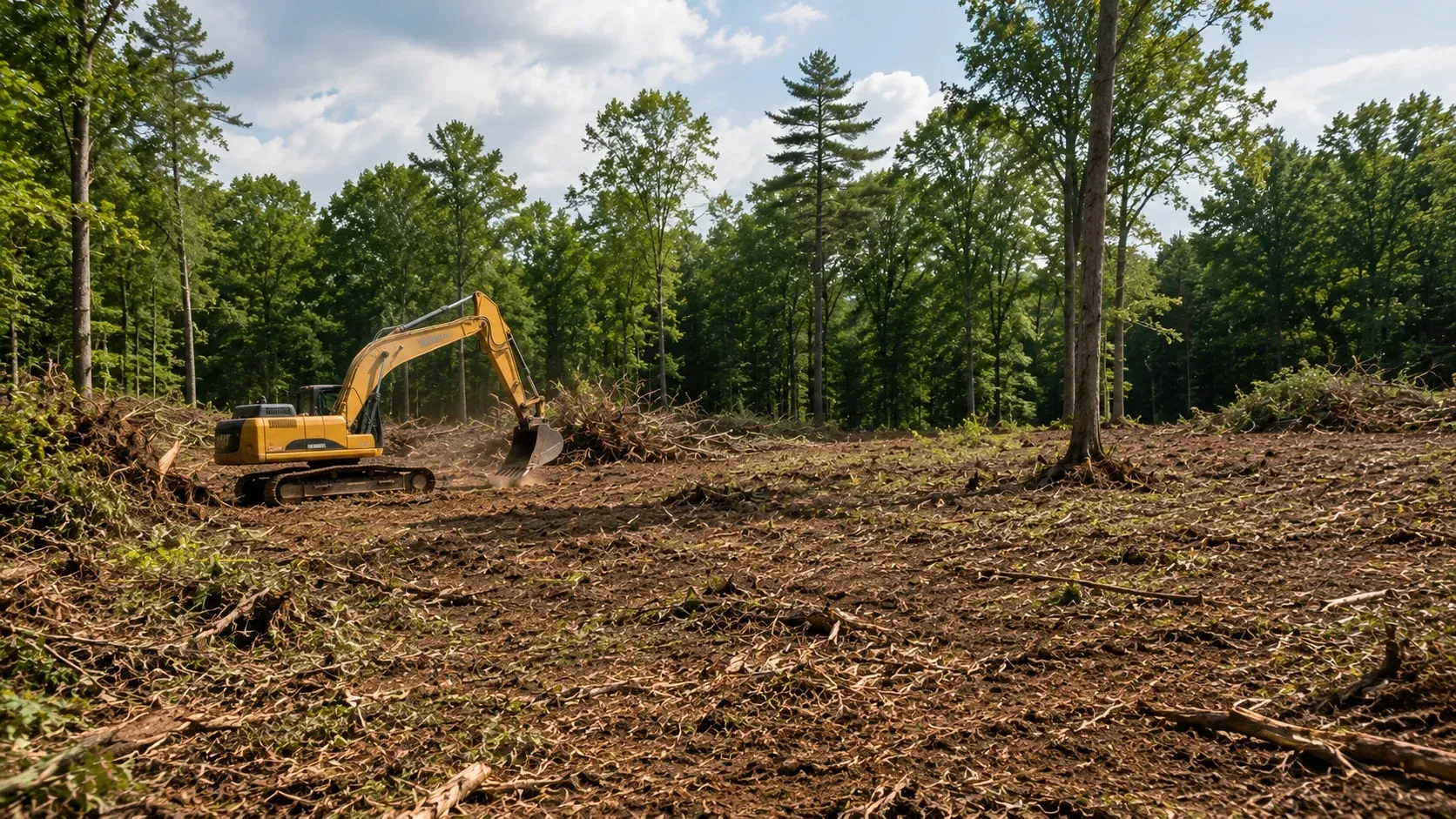 Excavator clearing trees and brush, showing what land clearing typically cost factors involve.
