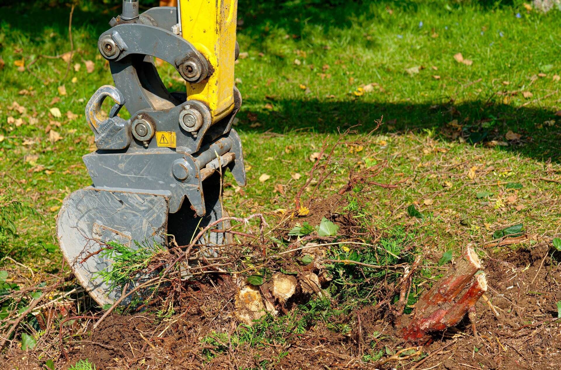 A yellow excavator is digging a hole in the ground to remove a tree stump.