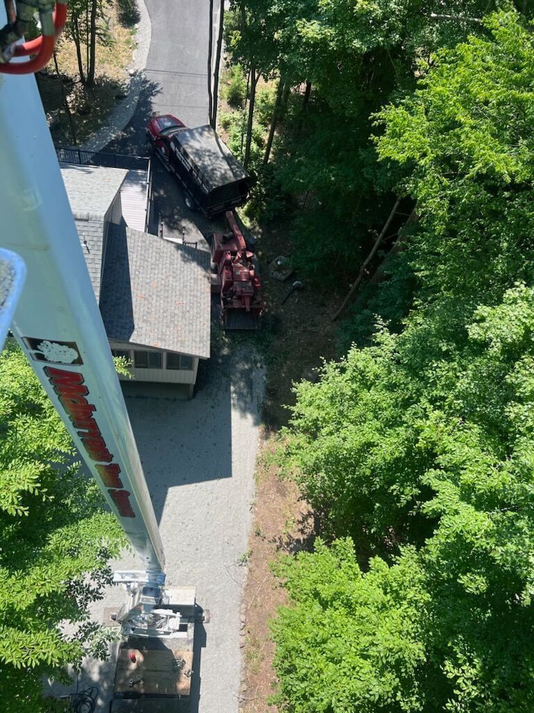 An aerial view of a crane cutting a tree in front of a house.