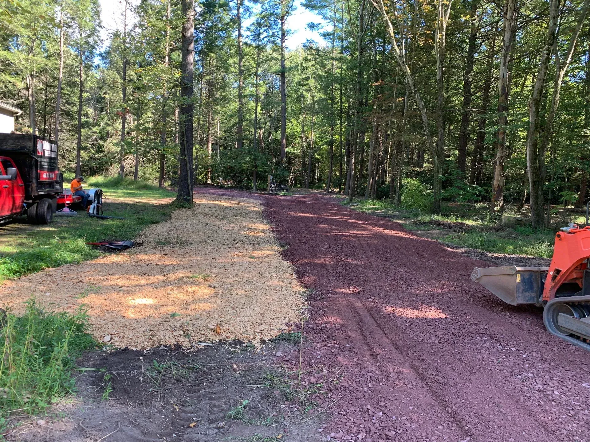 A dirt road is being paved in the middle of a forest.