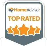 A home advisor top rated badge with four stars on it.