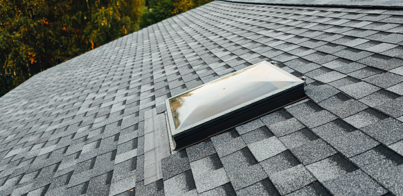 A roof with a skylight on top of it.