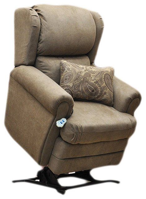 A brown recliner with a paisley pillow on it