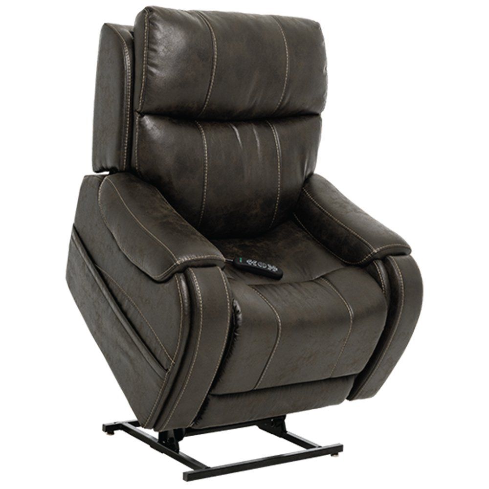 A brown leather recliner with a remote control on it.