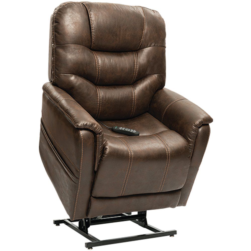 A brown leather recliner with a remote control on it
