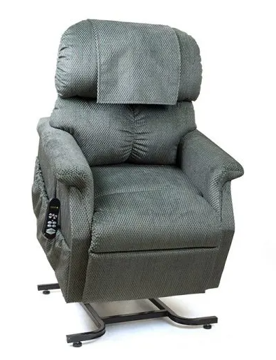 A grey recliner with a remote control attached to it
