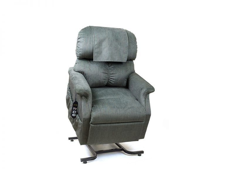A grey recliner is sitting on a white surface.