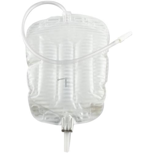 A clear urine bag with a hose attached to it.