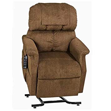 A brown recliner with a remote control on it on a white background.
