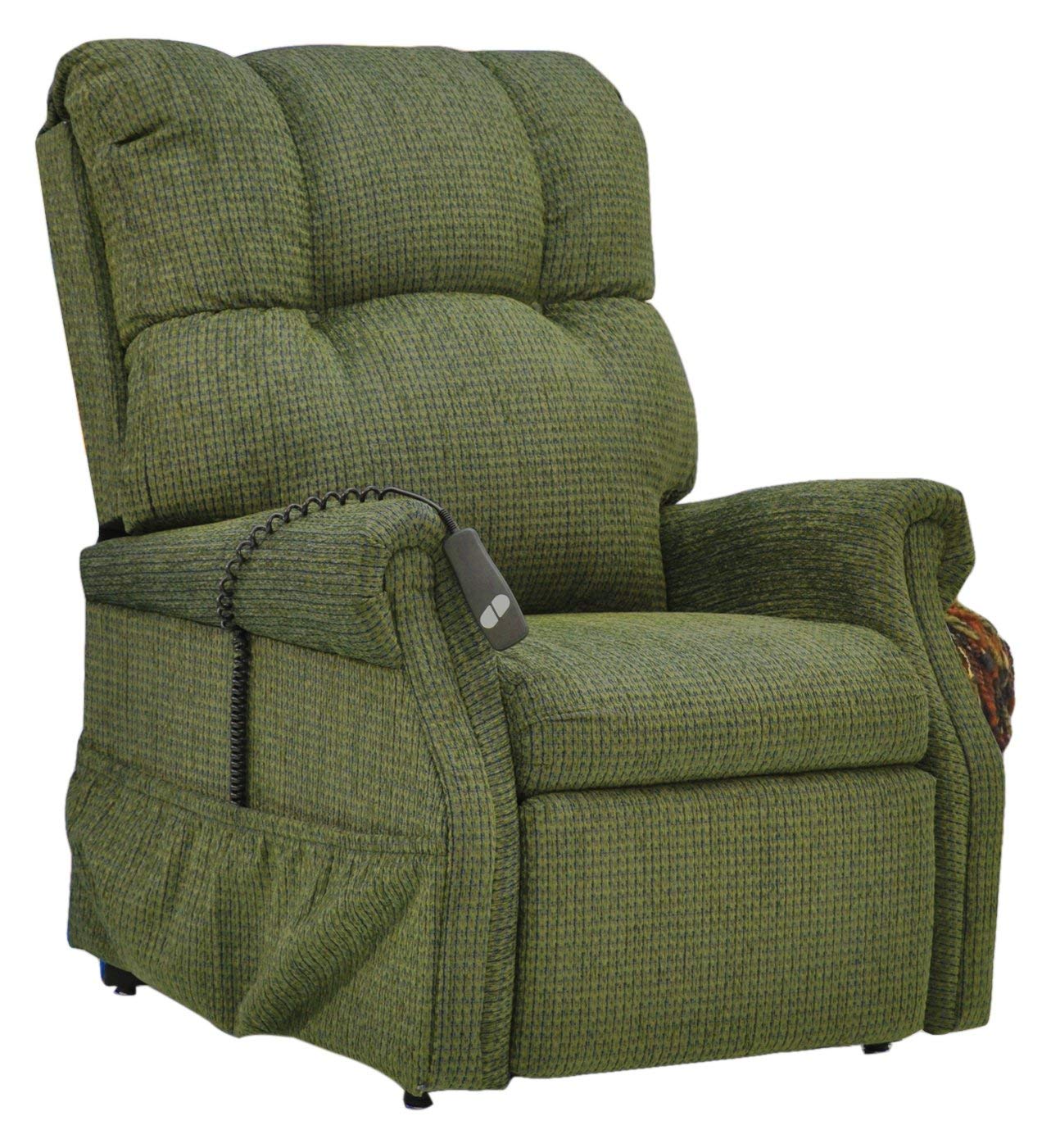 A green recliner with a remote control on it