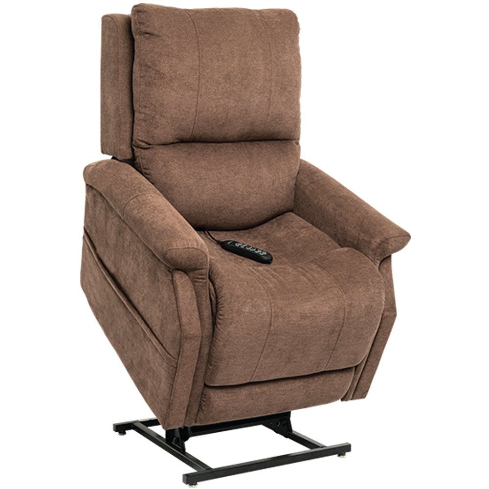 A brown recliner with a remote control on it