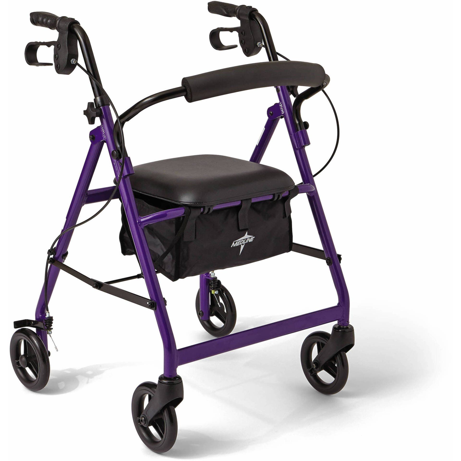 A purple walker with a black seat and wheels
