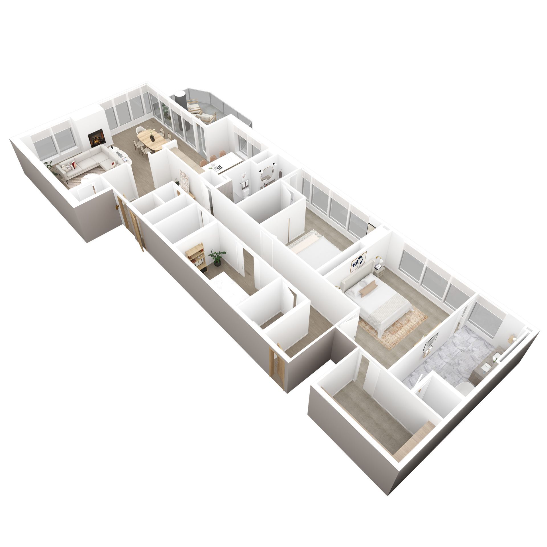 3D floor plan of a modern apartment with white walls, light wood floors, and multiple rooms.