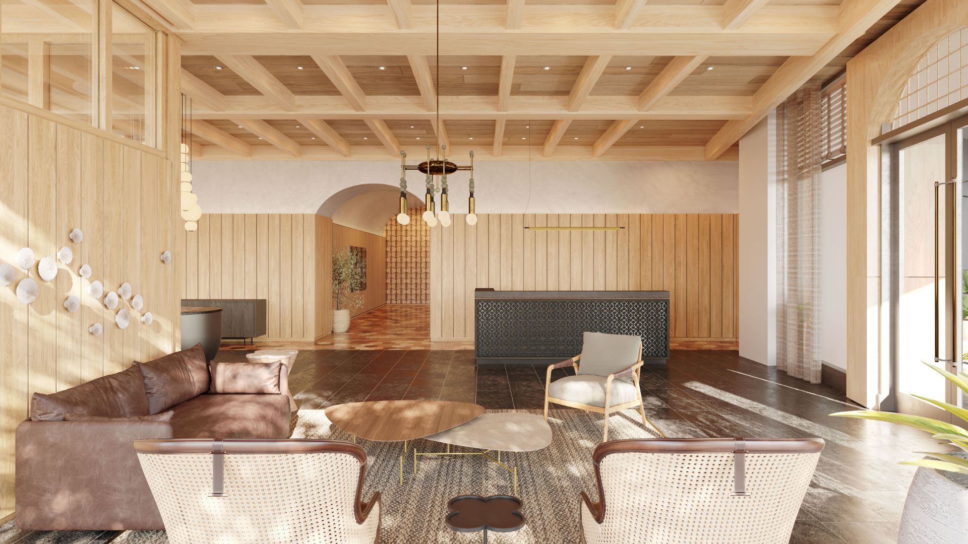 Bright modern living room with wood walls, brown sectional sofa, patterned rug, and large windows