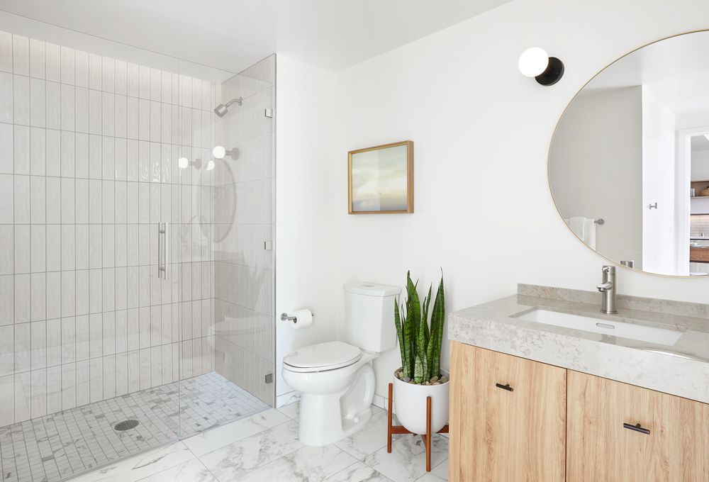 Modern white bathroom with glass shower, toilet, wood vanity, round mirror, and a potted plant