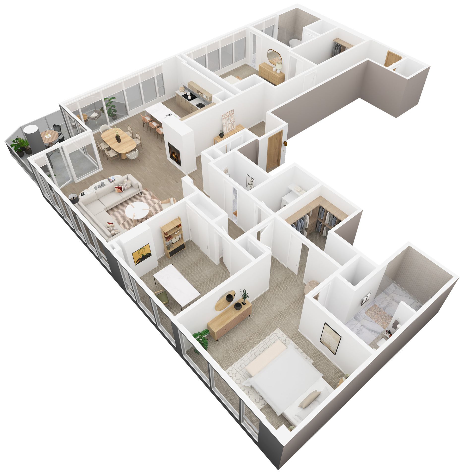 3D floor plan of a modern apartment with bedrooms, bathrooms, kitchen, dining area, and living room