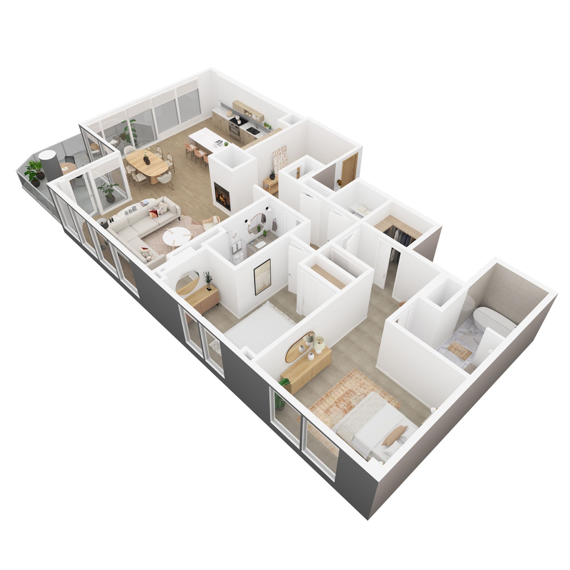 3D floor plan of a modern apartment with white walls, wood floors, furniture, and a balcony seating area