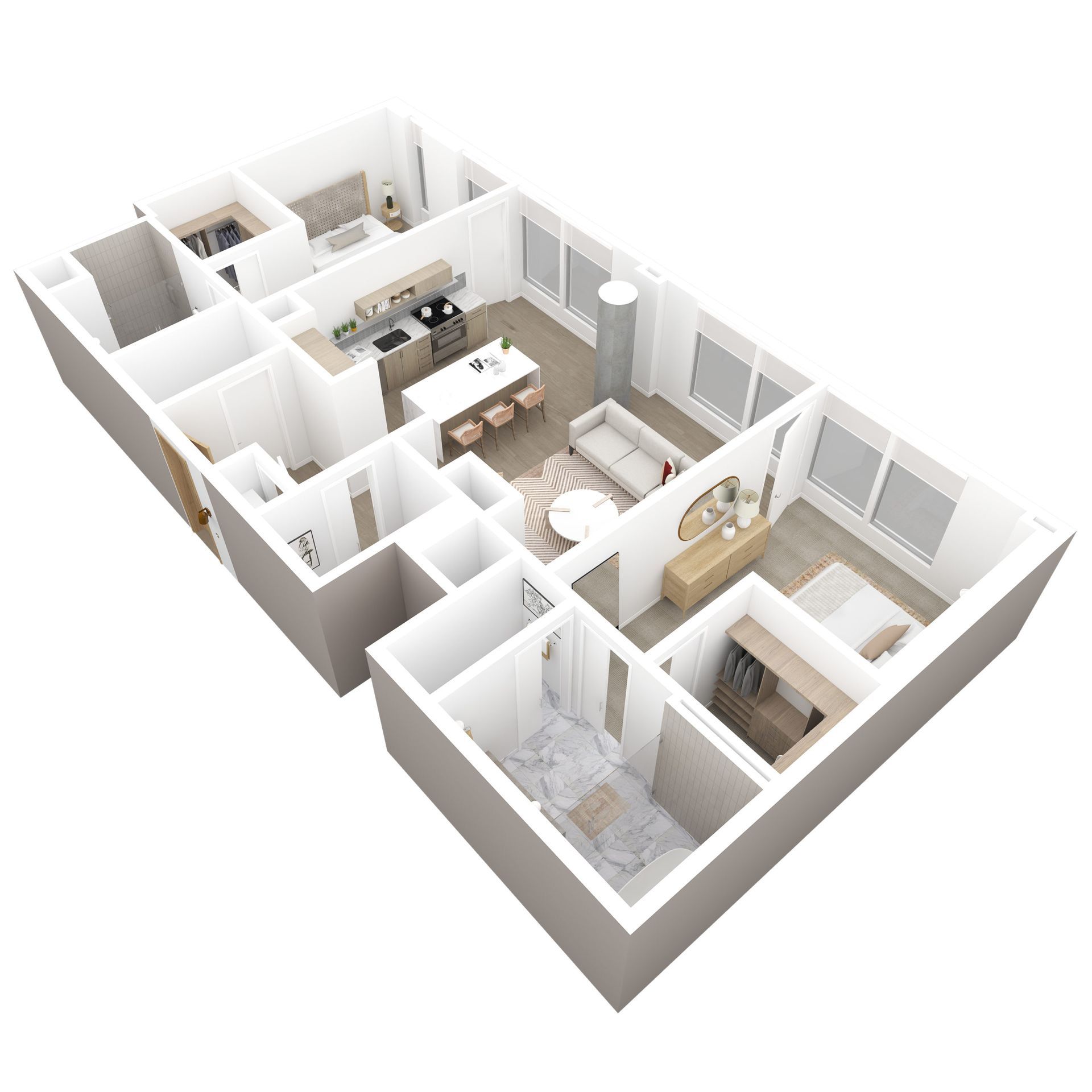 3D floor plan of a small apartment with kitchen, living room, bedroom, bathroom, and hallway