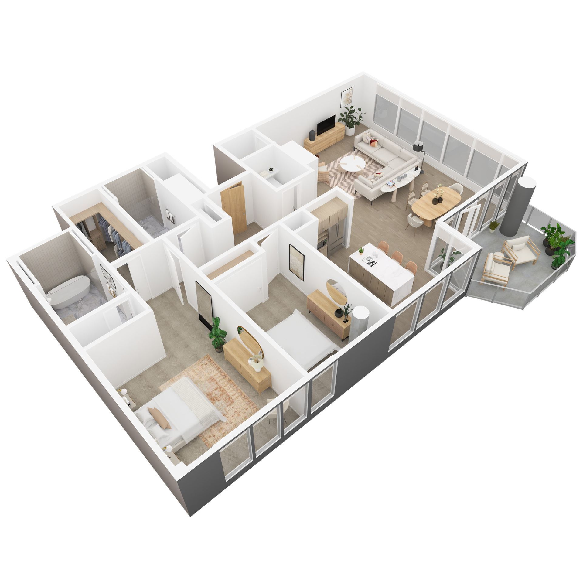 3D floor plan of a modern apartment with kitchen, living room, bedrooms, bathrooms, and a balcony