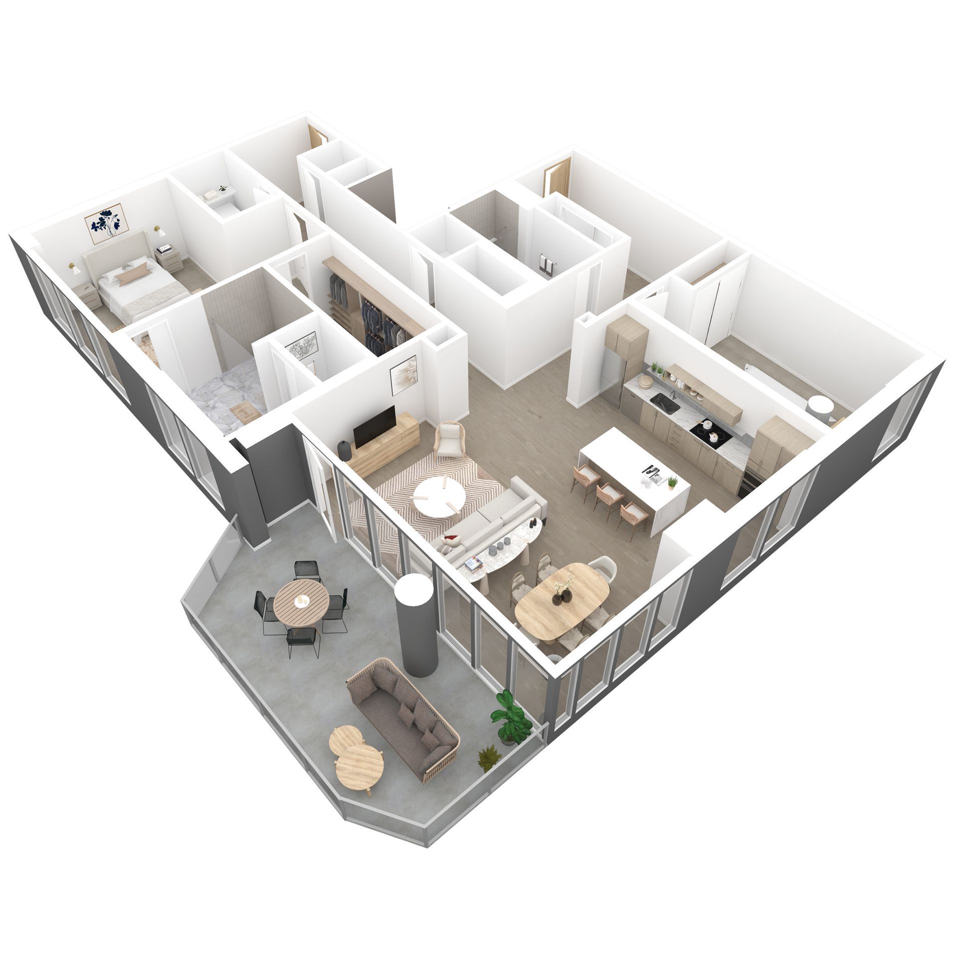 3D floor plan of a modern apartment with open living, dining, kitchen, and multiple rooms