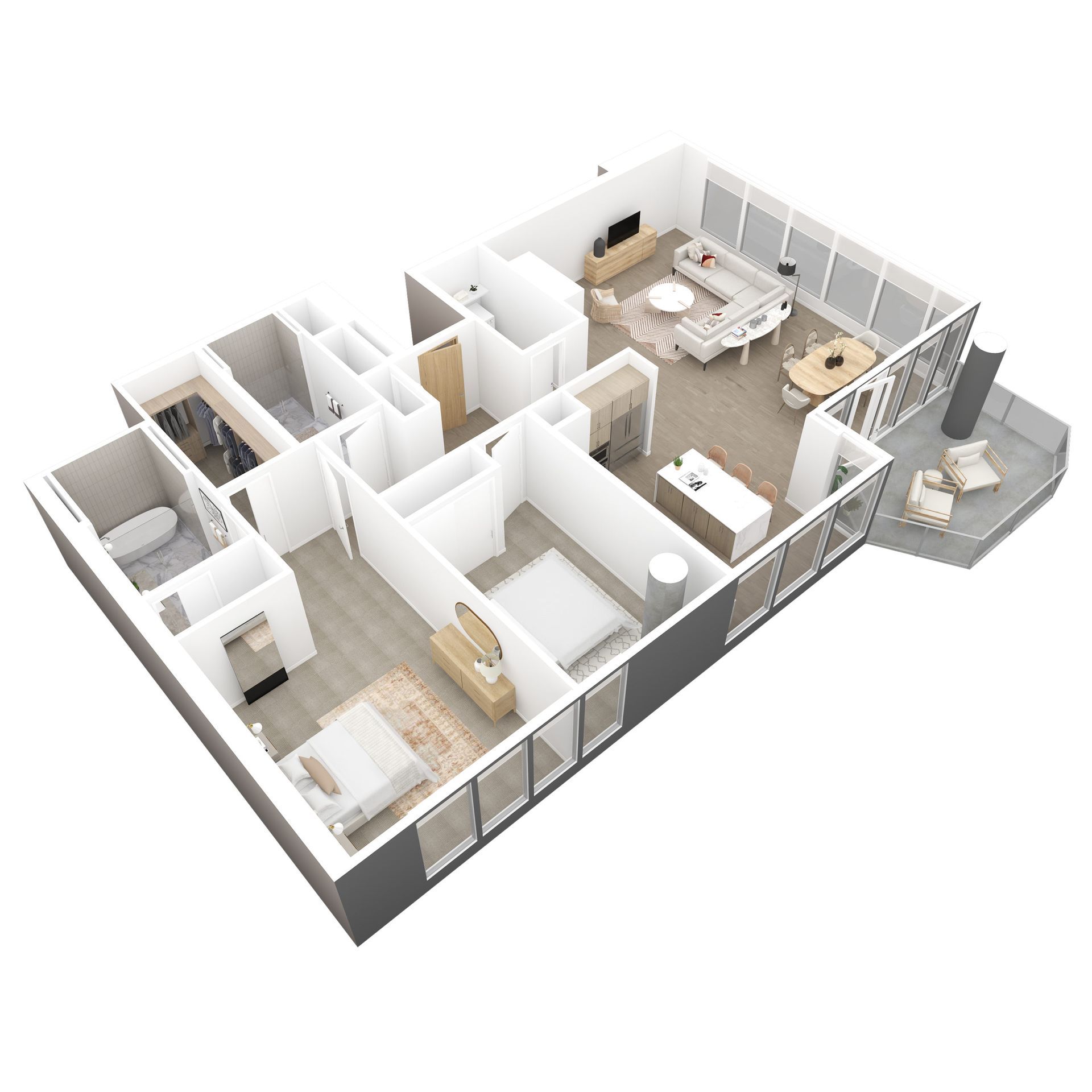 3D floor plan of a modern apartment with multiple rooms, wood floors, white walls, and a balcony seating area