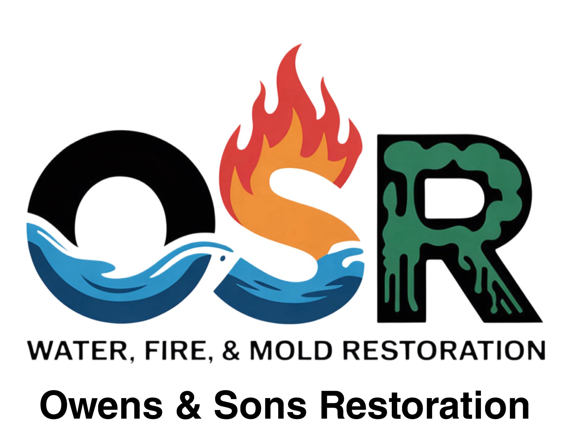 Logo for Owens & Sons Restoration: O, S, R text styled with water, fire, and mold imagery, with company name below.