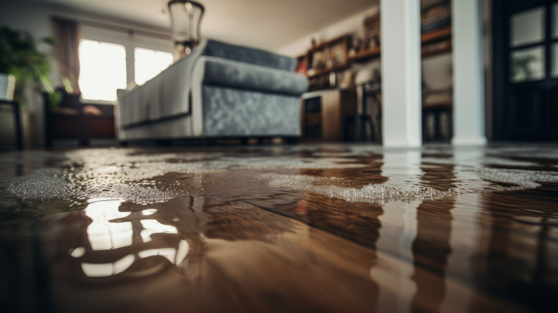 A flooded living room with standing water covering a dark wooden floor, reflecting light from a window and a sofa.