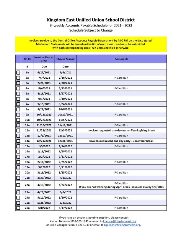 Kingdom East School District Accounts Payable