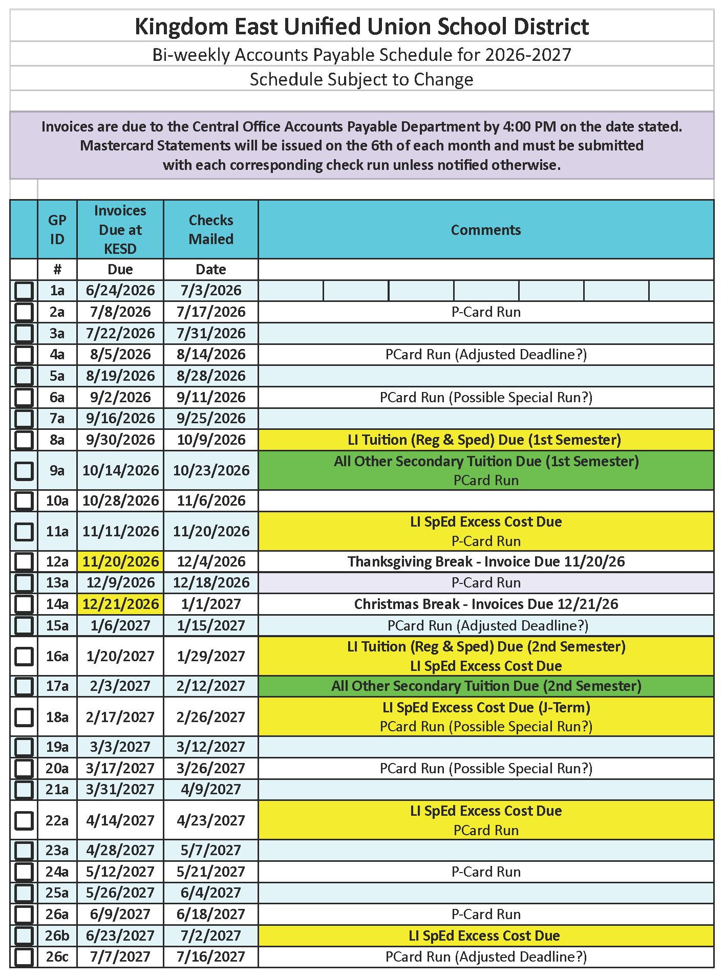 Kingdom East School District Accounts payable schedule