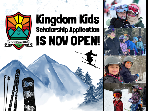 Kingdom Kids Scholarship Application is now open, with mountain and snowboarding imagery and student photos.
