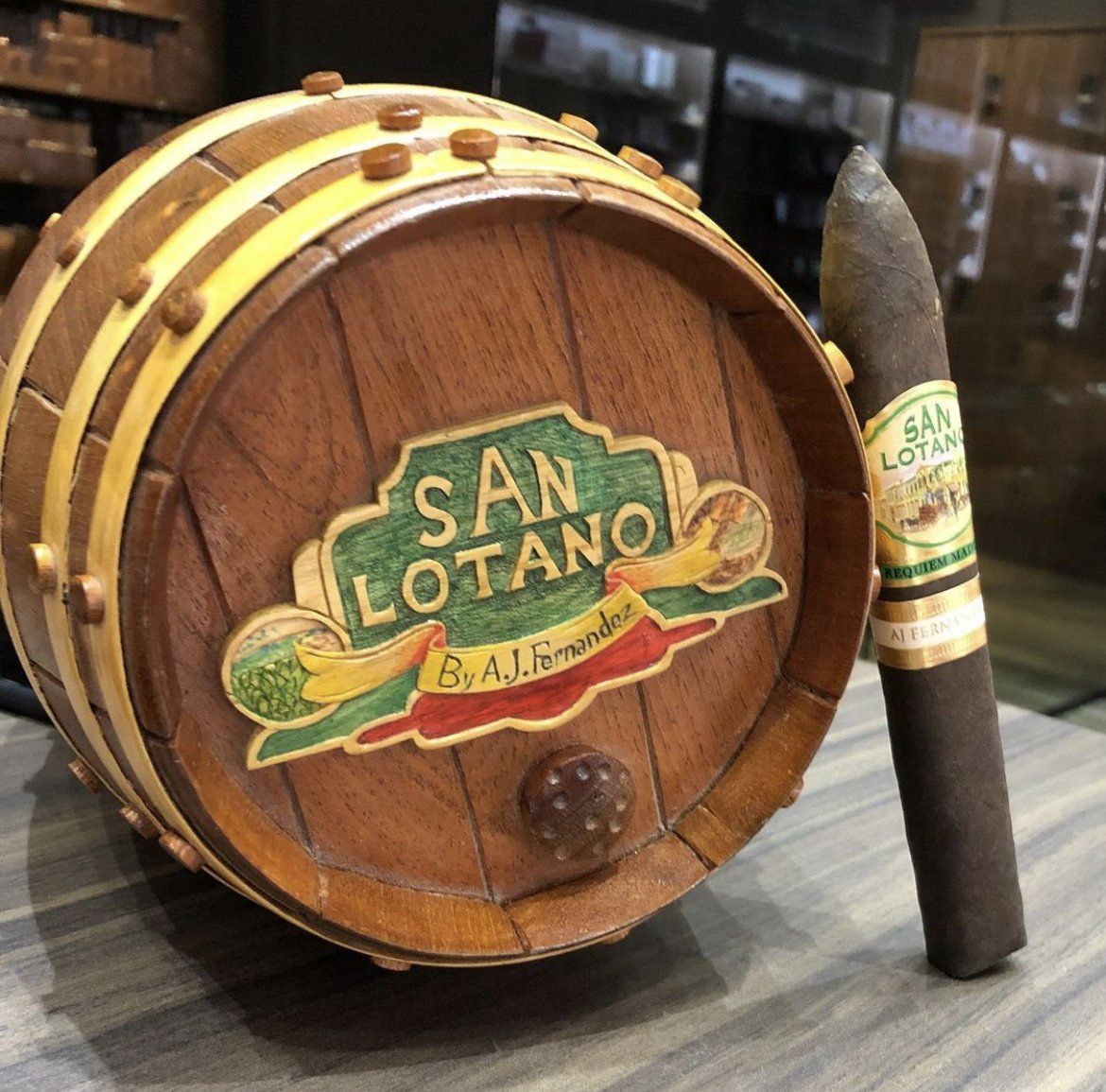 A wooden barrel with the word san lotano on it