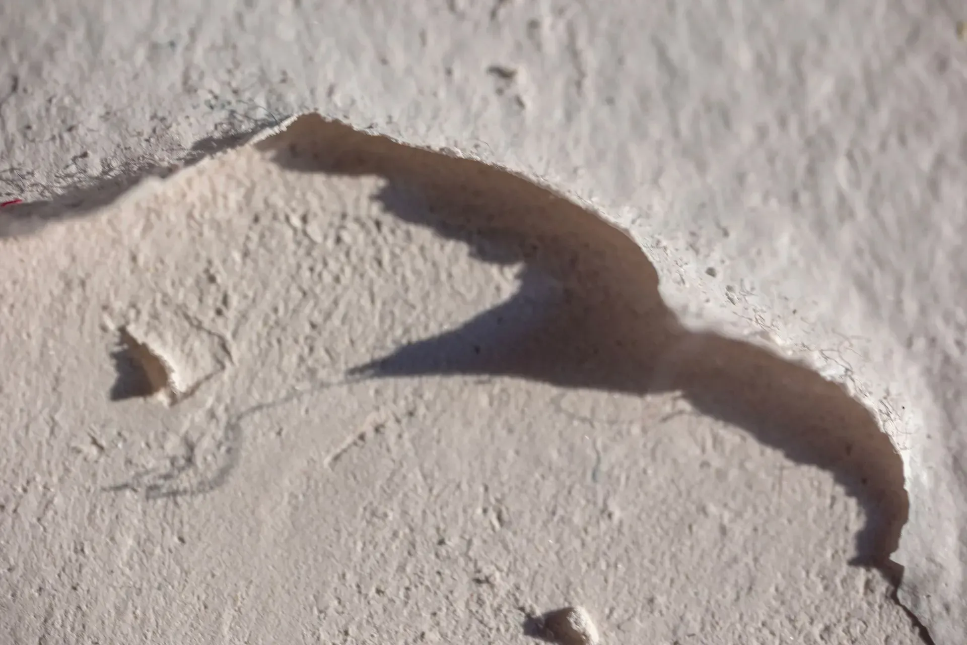 Cracked white plaster with a dark shadowed crack across the surface