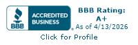 BBB Accredited Business badge with A+ rating as of 4/13/2026 and “Click for Profile” text