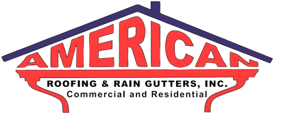 Logo of American Roofing & Rain Gutters, Inc. Text "AMERICAN" inside a roof, with gutter graphic below.