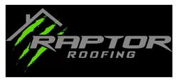 Logo for Raptor Roofing, featuring a grey house outline, green claw marks, and grey text on black.