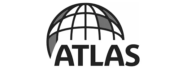 A black and white logo for atlas with a globe in the middle.