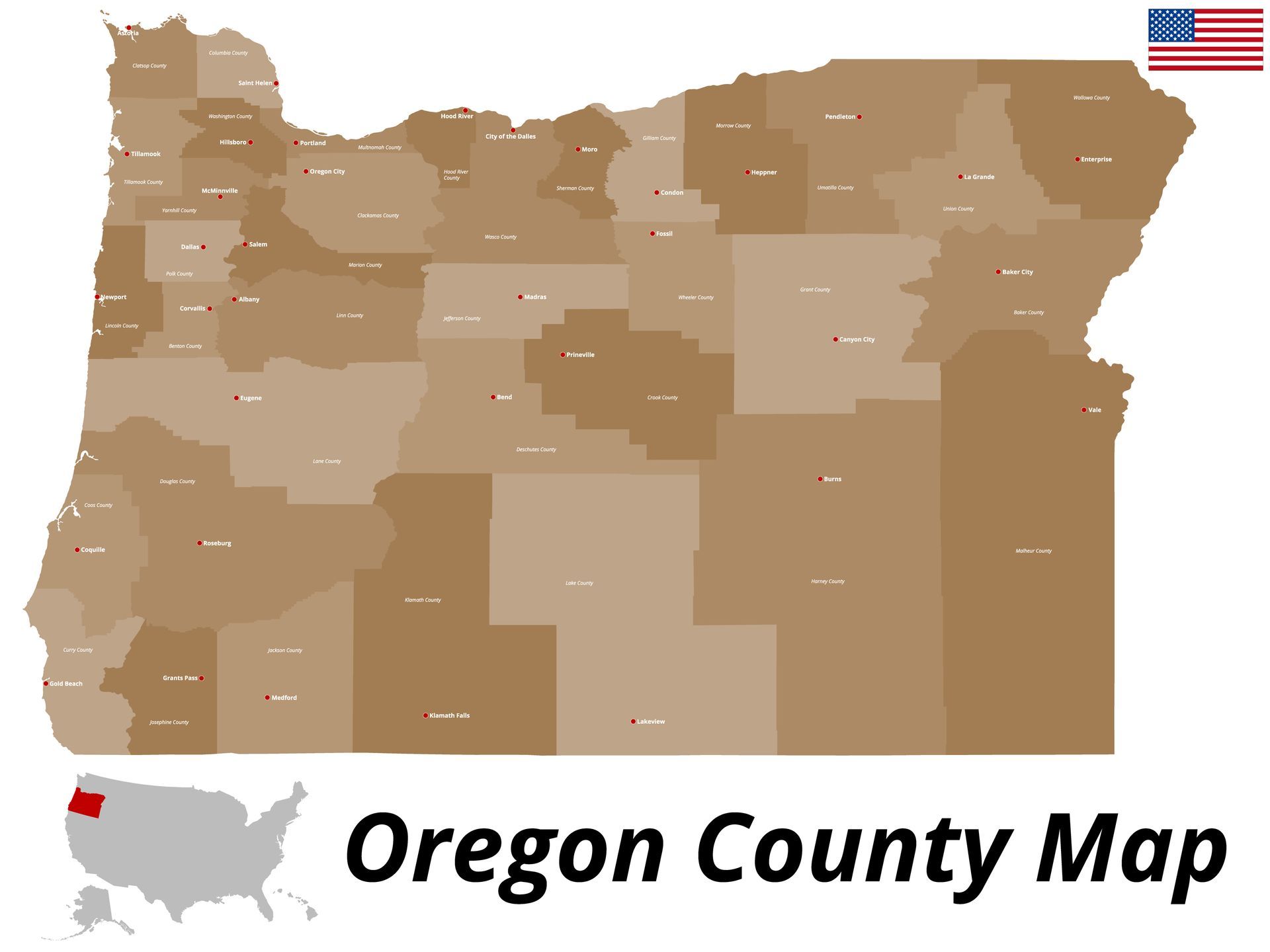 A map of oregon county with the flag of the united states.