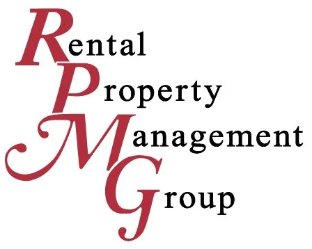 The logo for rental property management group is red and black.