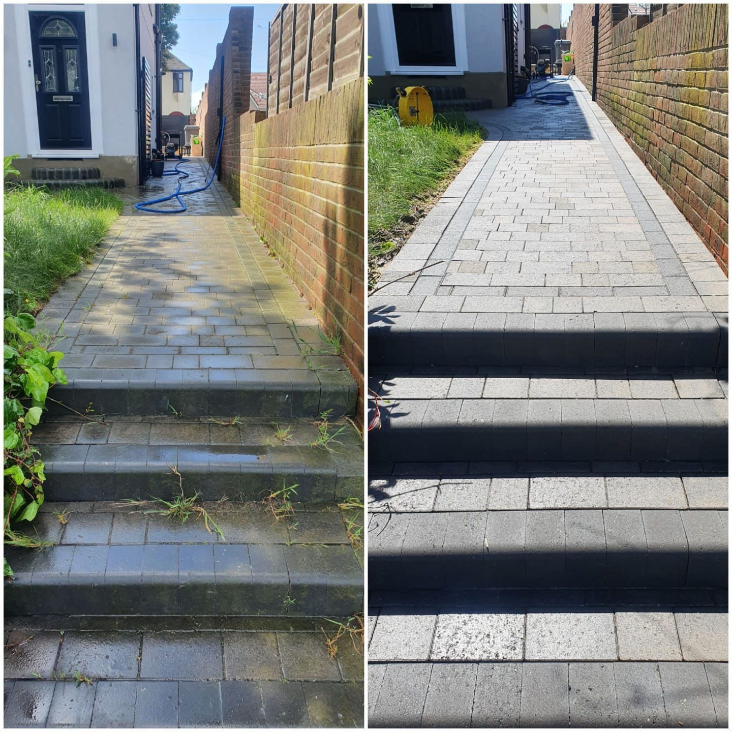 Half-cleaned brick surface with pressure washer large flat surface cleaner attachment.